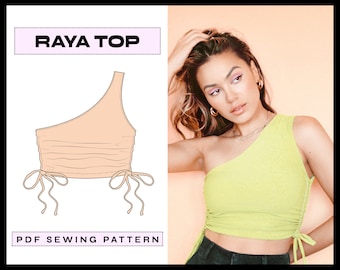 PDF Raya One Shoulder Crop Top Digital SEWING Pattern | EASY 90s Summer Shirt | Ruched Trendy | Instant Download A4, A0, Letter s,m,l,xl