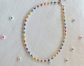 Rainbow Pearl Necklace - Homemade Colorful Necklace - Y2K Pearl Necklace - Colorful Y2K Jewelry - Pearl Necklace - Colorful Necklace