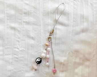 Light Pink Phone Charm Homemade - Pink Key Chain - Beaded Keychain - Silver Beaded Pink Keychain