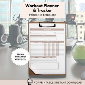 May include: A printable workout planner and tracker template. The template has sections for name, date, workout time, sets, reps, and notes. The template is designed to help you plan and track your workouts.
