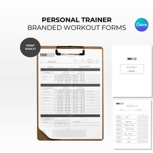 May include: A set of printable workout forms for personal trainers. The forms include a weekly workout log, a client information sheet, and a monthly workout calendar. The forms are designed to be branded with the trainer's logo and name.