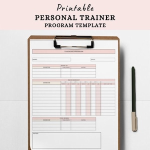 May include: Printable personal trainer program template on a clipboard with a black pen. The template includes sections for warm-up, main workout, cool-down, and notes.