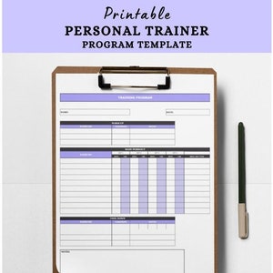 May include: Printable personal trainer program template on a clipboard with a pen. The template has sections for warm-up, main workout, cool-down, and notes.