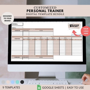May include: A computer screen displaying a digital template for a personalized workout plan. The template is designed for use with Google Sheets and includes sections for warm-up, main workout, and cool-down exercises. The template is customizable with a space for a logo. The text "Trainer Toolbox" is visible in the top right corner of the screen.