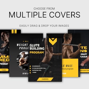 May include: Four different workout program covers with black backgrounds and yellow accents. The covers feature images of people working out and text that includes the names of the programs: "Summer Shred", "Weight Program", "Glute Building Program", and "Elite Mass Workout Program".