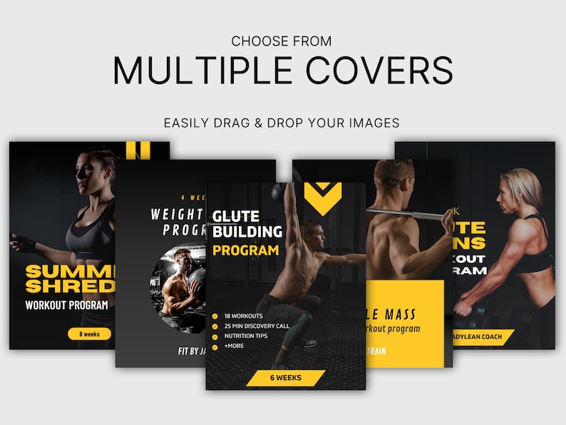 May include: Four different workout program covers with black backgrounds and yellow accents. The covers feature images of people working out and text that includes the names of the programs: "Summer Shred", "Weight Program", "Glute Building Program", and "Elite Mass Workout Program".