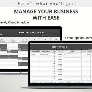 May include: Two computer screens displaying a weekly client schedule and a client pipeline/inventory spreadsheet. The schedule is for the week of 3rd January and includes columns for Monday, Tuesday, Wednesday, Thursday, and Friday. The pipeline spreadsheet includes columns for phone number, email address, active, client program link, notes, training, moved, and filled.
