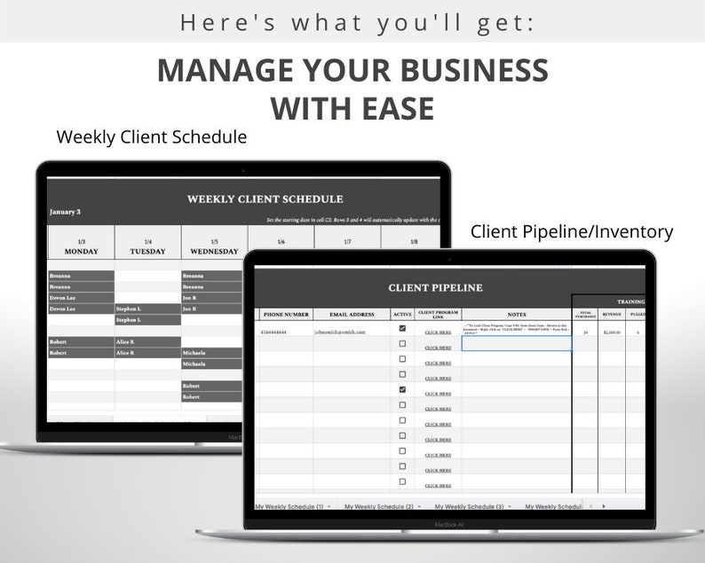 May include: Two computer screens displaying a weekly client schedule and a client pipeline/inventory spreadsheet. The schedule is for the week of 3rd January and includes columns for Monday, Tuesday, Wednesday, Thursday, and Friday. The pipeline spreadsheet includes columns for phone number, email address, active, client program link, notes, training, moved, and filled.