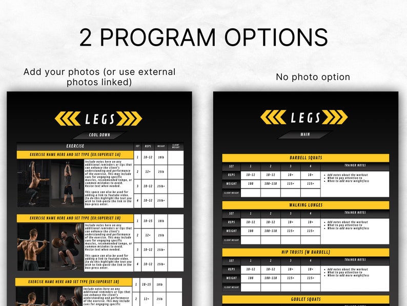 May include: A printable workout plan for legs with two options: one with photo placeholders and one without. The workout plan includes exercises like barbell squats, walking lunges, hip thrusts, and goblet squats. The plan includes sets, reps, and weight recommendations.