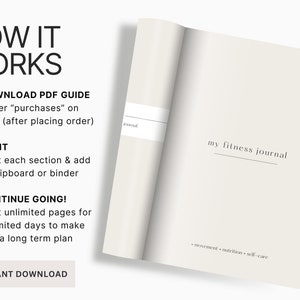 May include: A printable fitness journal with the text "my fitness journal" on the cover. The journal is designed to help you track your movement, nutrition, and self-care.