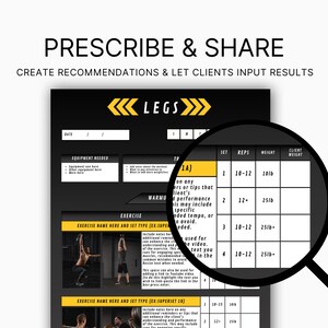 May include: A black and yellow printable workout log for legs. The log includes sections for date, equipment needed, warm-up, exercise, set, reps, weight, and client weight. The exercise section includes a space for the exercise name and set type, and a space for notes. The log is designed to help fitness professionals prescribe and share workouts with their clients.