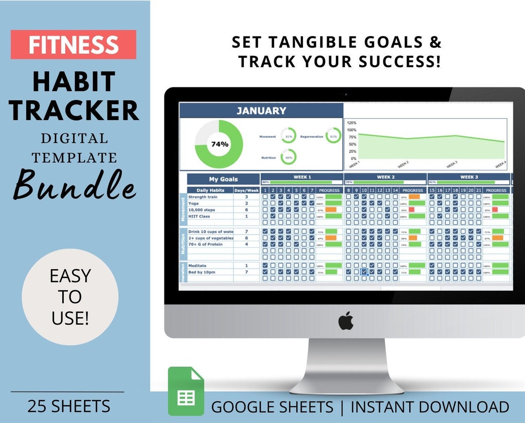 Habit Tracker / 2023 Planner for Fitness, Google Sheets, Bundle
