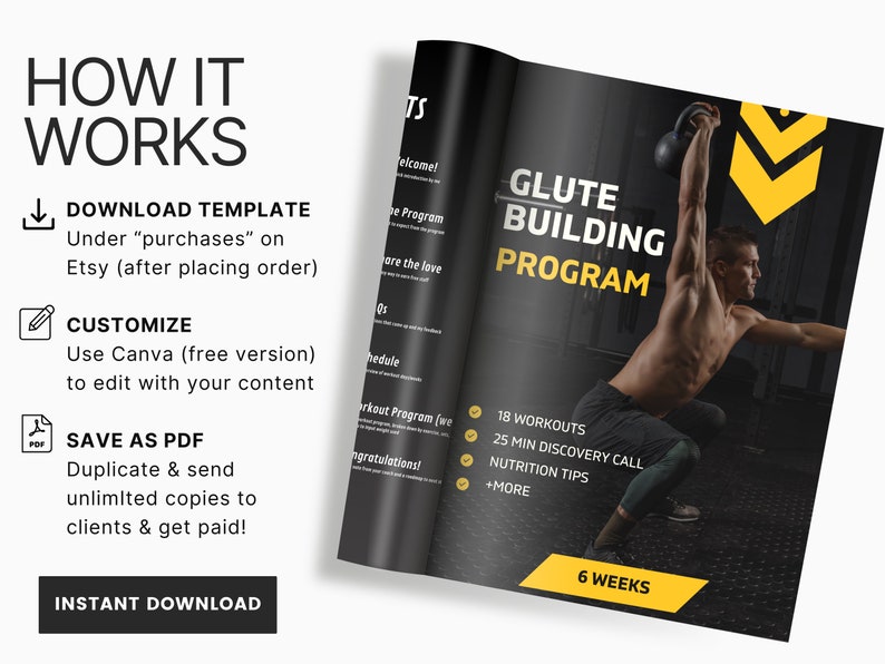 May include: A black and yellow digital download template for a 6-week glute building programme. The template includes 18 workouts, a 25-minute discovery call, nutrition tips, and more. The template is customisable and can be saved as a PDF.