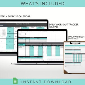 May include: A digital fitness planner featuring a weekly exercise calendar and daily workout trackers. The image shows a laptop, tablet, and a printable version, all in a teal and white color scheme. Text includes "What's Included" and "Instant Download."