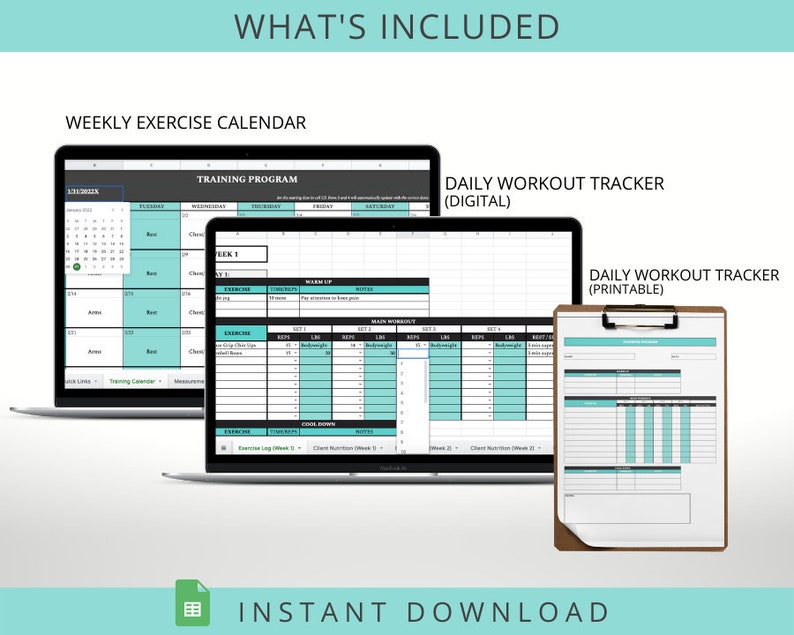 May include: A digital fitness planner featuring a weekly exercise calendar and daily workout trackers. The image shows a laptop, tablet, and a printable version, all in a teal and white color scheme. Text includes "What's Included" and "Instant Download."