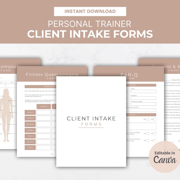 Printable Personal Trainer Intake Forms & Assessment Forms for Personal Training - PDF for New Clients - Editable on Canva, Instant Download