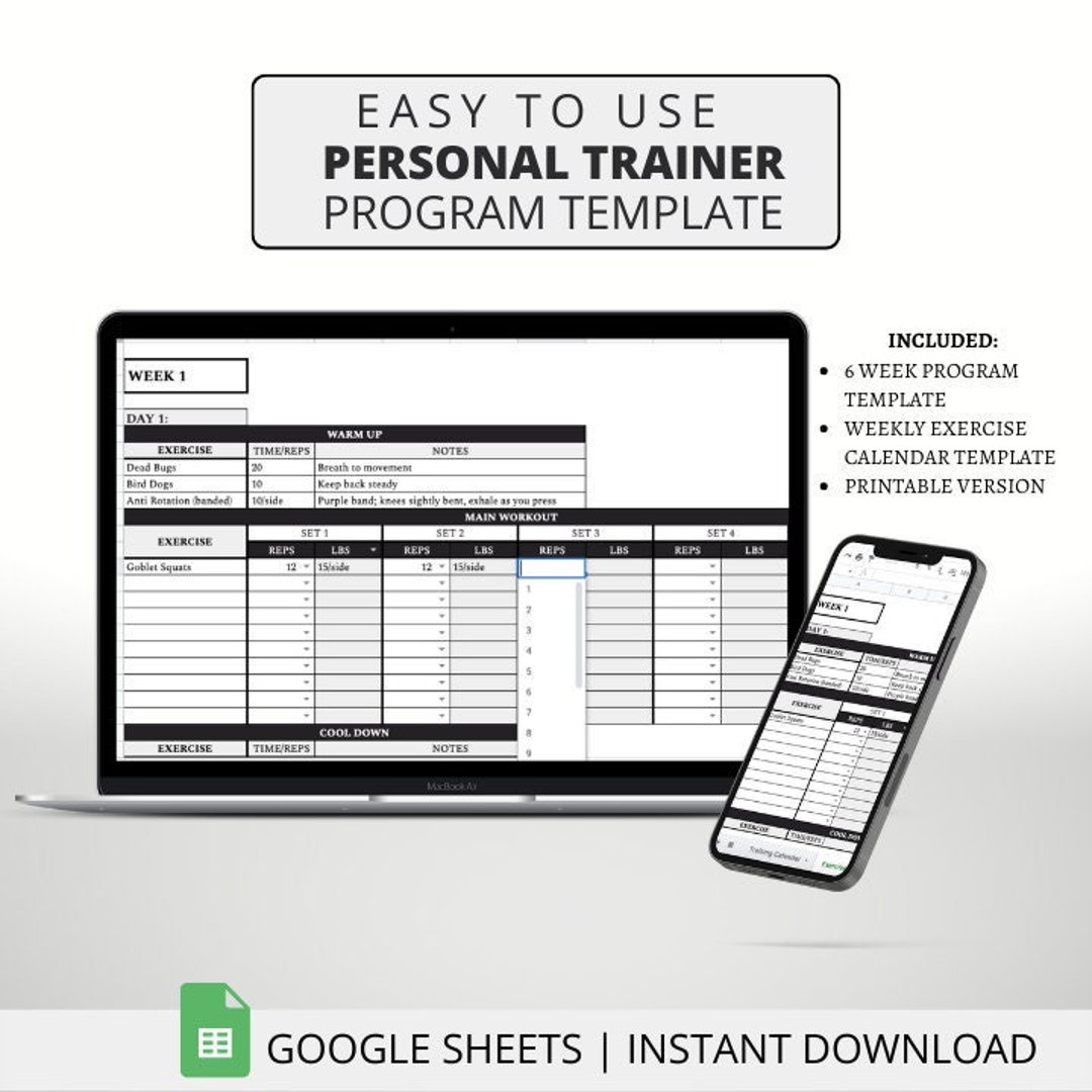 Personal Training Program Card Example Kinesiologist / Personal Trainer White Label Spreadsheet Templates ...