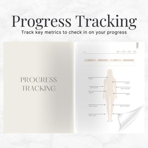 May include: A progress tracking log with a body outline and labels for different body measurements, including neck, chest, waist, hips, left bicep, right bicep, left thigh, right thigh, left calf, and right calf.