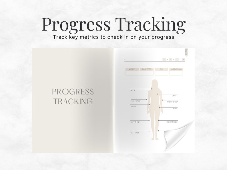 May include: A progress tracking log with a body outline and labels for different body measurements, including neck, chest, waist, hips, left bicep, right bicep, left thigh, right thigh, left calf, and right calf.