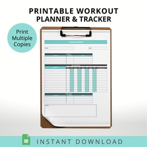May include: A printable workout planner and tracker on a clipboard. The planner includes sections for a training programme, warm-up, main workout, and cool down. The text "Print Multiple Copies" and "Instant Download" are visible.