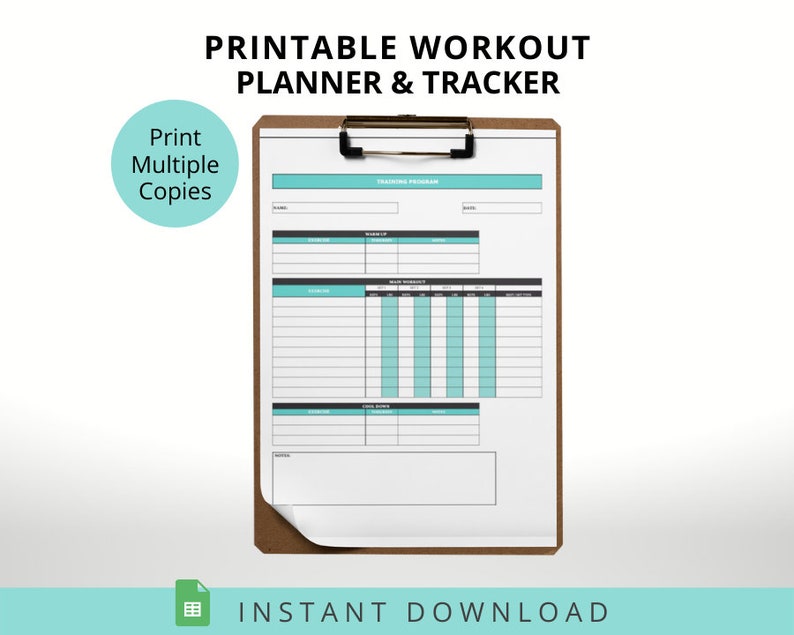 May include: A printable workout planner and tracker on a clipboard. The planner includes sections for a training programme, warm-up, main workout, and cool down. The text "Print Multiple Copies" and "Instant Download" are visible.