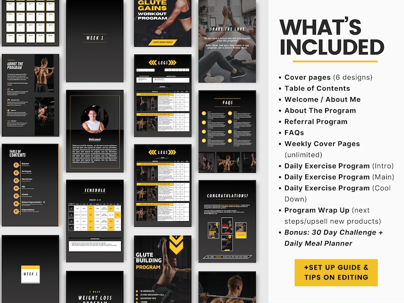 May include: A digital product for a glute workout programme. The image shows a black and yellow colour scheme with a variety of pages including a table of contents, schedule, and daily exercise programmes. The text "What's Included" is highlighted in yellow.