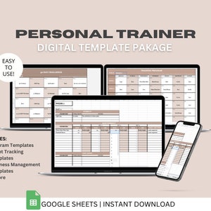 Può includere: Un pacchetto di modelli digitali per personal trainer, che include modelli di Google Sheets per la pianificazione dei programmi, il monitoraggio dei clienti, la gestione aziendale e molto altro. L'immagine mostra un laptop, uno smartphone e un tablet che mostrano i modelli. Il testo "EASY TO USE!" è in un cerchio nella parte superiore sinistra dell'immagine. Il testo "PERSONAL TRAINER DIGITAL TEMPLATE PACKAGE" è nella parte superiore dell'immagine. Il testo "INCLUDES: Program Templates, Client Tracking Templates, Business Management Templates, & More" è nella parte inferiore sinistra dell'immagine. Il testo "GOOGLE SHEETS | INSTANT DOWNLOAD" è nella parte inferiore dell'immagine.