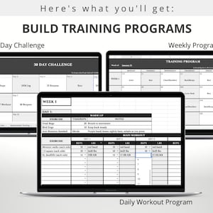 May include: A laptop screen displaying a 30-day fitness challenge workout program. The program includes daily exercises, reps, and weight recommendations. The screen also shows a weekly program with a calendar layout.