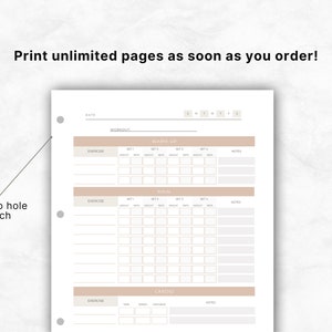 May include: A printable workout log with sections for warm-up, main workout, and cardio. The log includes space for date, workout name, exercise, sets, reps, weight, time, speed, distance, and notes.