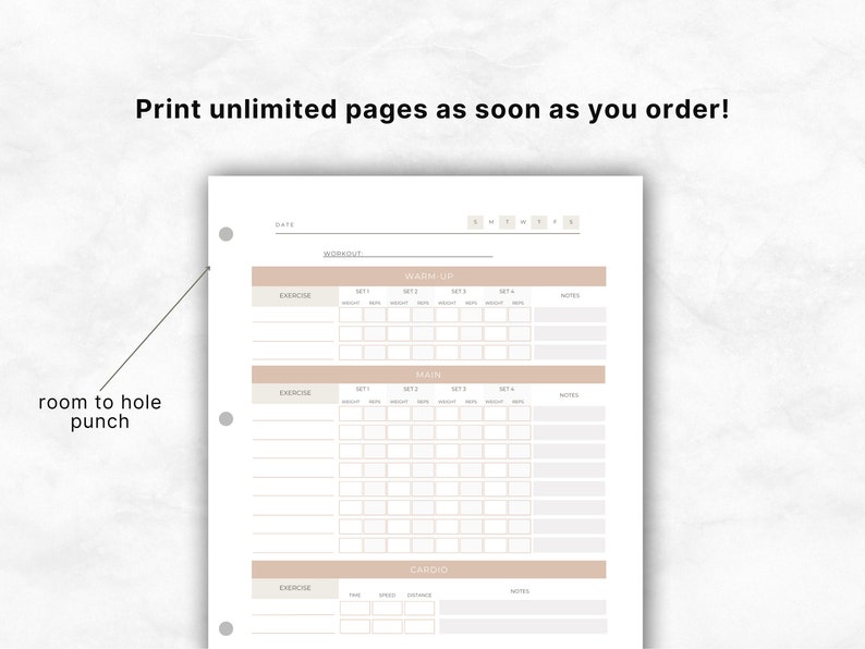 May include: A printable workout log with sections for warm-up, main workout, and cardio. The log includes space for date, workout name, exercise, sets, reps, weight, time, speed, distance, and notes.