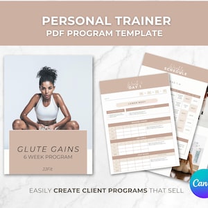 Può includere: Un modello di programma di allenamento per i glutei di 6 settimane, stampabile in PDF. Il modello presenta una donna con un top bianco senza maniche e pantaloncini neri, con il testo "Glute Gains 6 Week Program" e "JJFit" sulla copertina.