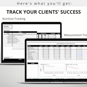 May include: Two computer screens displaying a spreadsheet for tracking client progress. The first screen shows a nutrition tracking log with columns for time, date, food, water, calories, and fat. The second screen shows a measurement tracking log with columns for date, weight, body fat, muscle mass, waist, chest, biceps, and hips. The screen also shows a graph of weight and body fat over time.
