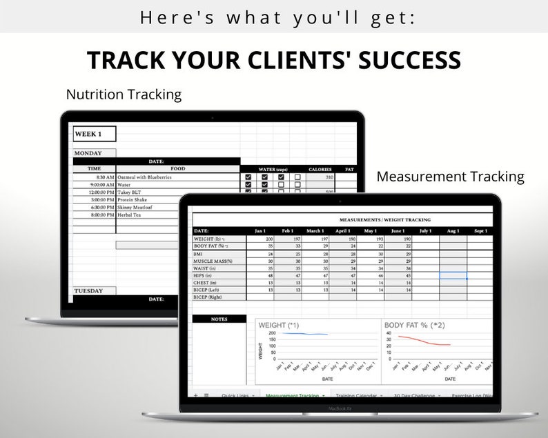 May include: Two computer screens displaying a spreadsheet for tracking client progress. The first screen shows a nutrition tracking log with columns for time, date, food, water, calories, and fat. The second screen shows a measurement tracking log with columns for date, weight, body fat, muscle mass, waist, chest, biceps, and hips. The screen also shows a graph of weight and body fat over time.