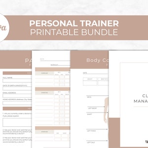 May include: A printable bundle for personal trainers, featuring a client consent form, a client progress tracker, and a body composition tracker. The forms are designed in a minimalist style with a light brown background and white text.