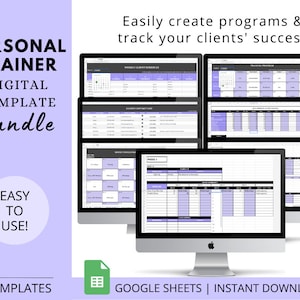 May include: A computer screen displaying a Google Sheets spreadsheet with the text "Weekly Client Schedule". The spreadsheet is part of a digital template bundle for personal trainers. The text "PERSONAL TRAINER DIGITAL TEMPLATE Bundle" is displayed on the left side of the image. The text "EASY TO USE!" is displayed in a circle on the bottom left of the image. The text "8 TEMPLATES GOOGLE SHEETS | INSTANT DOWNLOAD" is displayed on the bottom of the image.