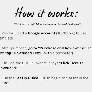 May include: A text-based image explaining how to download a digital product from Etsy. The image includes the text "How it works:" and a list of four steps. The steps include needing a Google account, going to "Purchase and Reviews" on Etsy, clicking on a PDF link, and using a Set Up Guide PDF.