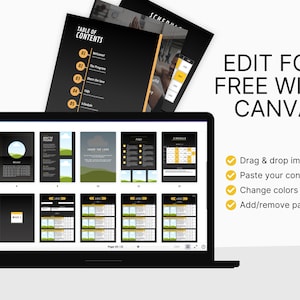 May include: A laptop screen displaying a digital planner with a black and yellow colour scheme. The planner includes a table of contents, a schedule, and workout pages. The text "EDIT FOR FREE WITH CANVA" is displayed above the laptop. A checklist of features is listed below the laptop: "Drag & drop images", "Paste your content", "Change colours & fonts", and "Add/remove pages".