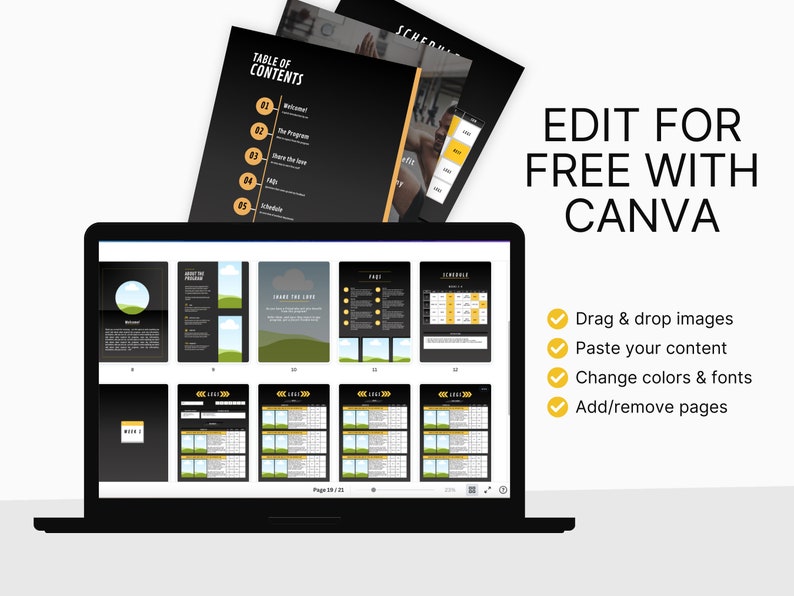 May include: A laptop screen displaying a digital planner with a black and yellow colour scheme. The planner includes a table of contents, a schedule, and workout pages. The text "EDIT FOR FREE WITH CANVA" is displayed above the laptop. A checklist of features is listed below the laptop: "Drag & drop images", "Paste your content", "Change colours & fonts", and "Add/remove pages".