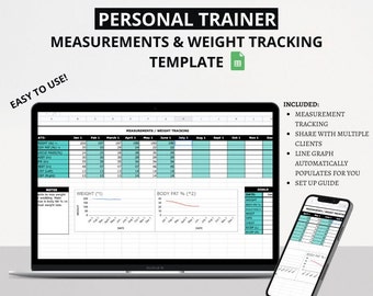 May include: A laptop computer displaying a spreadsheet with a personal trainer measurements and weight tracking template. The spreadsheet includes columns for weight, body fat percentage, and other measurements. The spreadsheet is labelled "Measurements/Weight Tracking". The laptop is on a white surface. A smartphone is in the foreground displaying a similar spreadsheet.