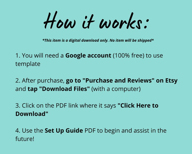 May include: A teal background with black text detailing the steps for a digital download. The text reads "How it works:" and includes instructions on using a Google account, downloading files from Etsy, and using a setup guide.
