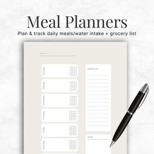 May include: A printable meal planner with a grocery list and notes section. The planner includes a space to track meals and water intake for each day of the week.