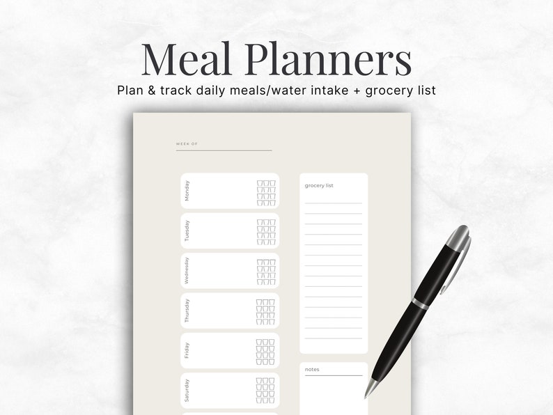 May include: A printable meal planner with a grocery list and notes section. The planner includes a space to track meals and water intake for each day of the week.