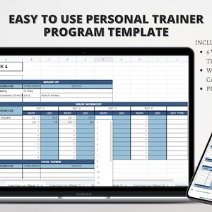 Könnte beinhalten: Ein Screenshot eines Computerbildschirms, der eine Tabellenvorlage für ein 6-wöchiges Personal-Trainingsprogramm zeigt. Die Tabelle enthält Abschnitte für Aufwärmen, Haupttraining und Abkühlen. Die Tabelle ist mit "Woche 1" betitelt und enthält Spalten für Übung, Wiederholungen, Sätze und Gewicht. Die Tabelle wird auf einem Laptop mit weißem Hintergrund angezeigt. Das Bild zeigt auch einen Screenshot eines Mobiltelefons, auf dem die gleiche Tabellenvorlage angezeigt wird.