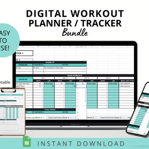 May include: Digital workout planner and tracker bundle. The image shows a laptop, a clipboard, and a smartphone, all displaying a workout template. The laptop screen shows a spreadsheet with exercise details. The text "Easy to Use!" is in a teal circle.