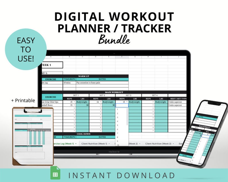 May include: Digital workout planner and tracker bundle. The image shows a laptop, a clipboard, and a smartphone, all displaying a workout template. The laptop screen shows a spreadsheet with exercise details. The text "Easy to Use!" is in a teal circle.