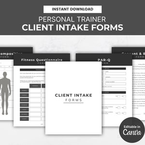 May include: Four black and white printable forms for personal trainers. The forms are titled "Body Composition Form", "Fitness Questionnaire Form", "PAR-Q Form", and "Consent & Release Form". The forms are editable in Canva.