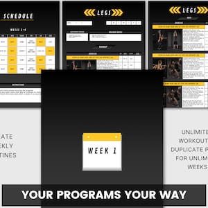 May include: A black and yellow printable workout schedule template with the text "SCHEDULE" and "WEEKS 1-4". The template includes a calendar with the text "WEEK 1" and the words "CREATE WEEKLY ROUTINES" and "YOUR PROGRAMS YOUR WAY".