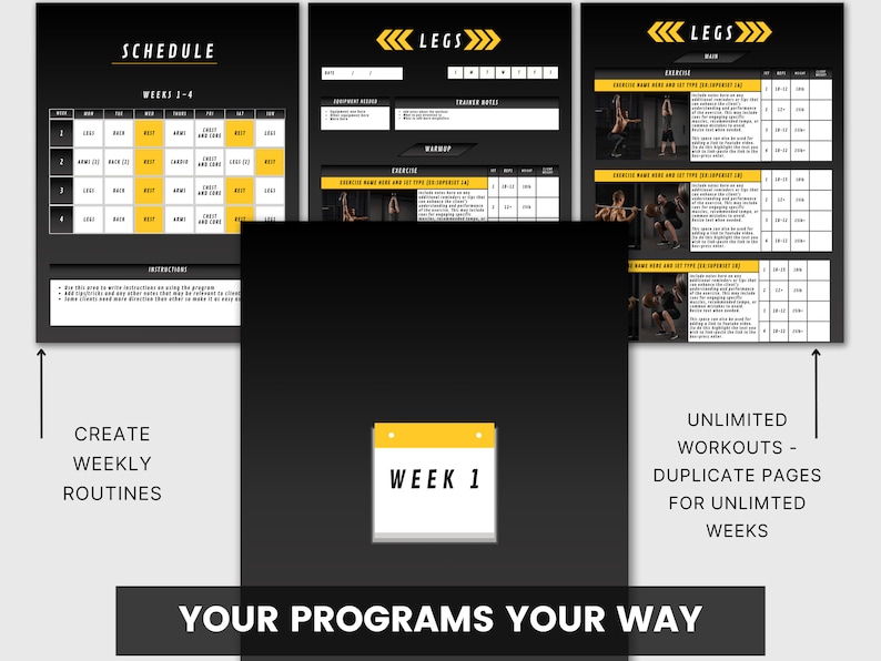 May include: A black and yellow printable workout schedule template with the text "SCHEDULE" and "WEEKS 1-4". The template includes a calendar with the text "WEEK 1" and the words "CREATE WEEKLY ROUTINES" and "YOUR PROGRAMS YOUR WAY".