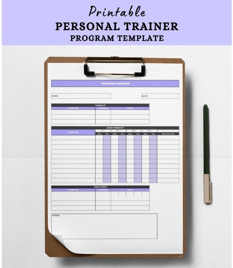 May include: Printable personal trainer program template on a clipboard with a pen. The template has sections for warm-up, main workout, cool-down, and notes.
