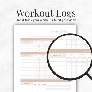 May include: A printable workout log template with sections for date, workout, warm-up, main, and cardio. The template includes fields for exercise, weight, reps, and notes.